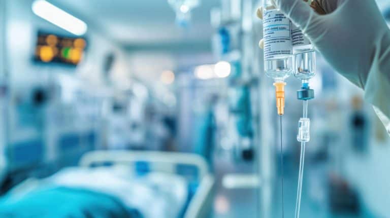 Vial with medication or solution being prepared in a clinical setting, healthcare professional handling medical supplies, medical equipment, hospital or laboratory environment.